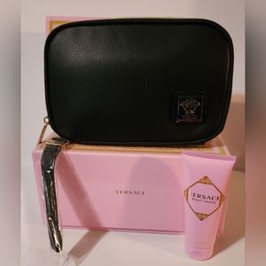 Versace black and gold travel bag with new and sealed Bright Crystal Body Wash